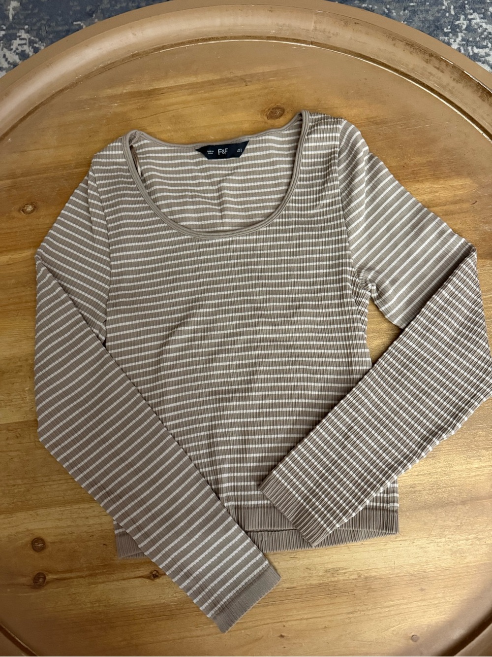 F&F Taupe and White Striped Long Sleeve Scoop Top